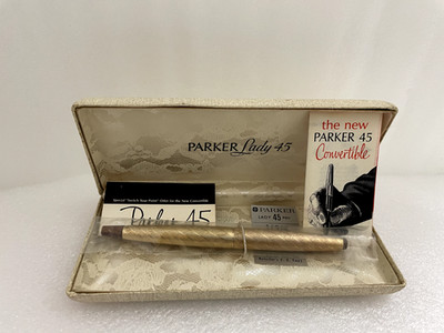 RARE 1960s Parker 45 Lady Pen Gold Brocade Pattern Gold Nib Swirl Wood Box Paper