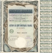 CZĘŚCI SAMOCHODOWE i ROWERY: Mestre & Blatgé S.A. – Akcje, 100 NF, Paryż, ok. 1960