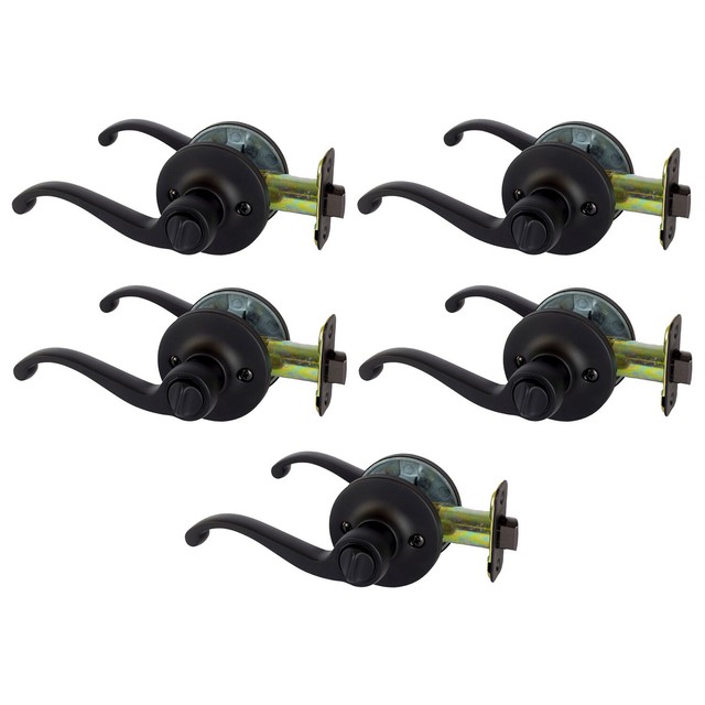 5 Pack of Classic Style Bed and Bath Privacy Lever Door Handles, Matte