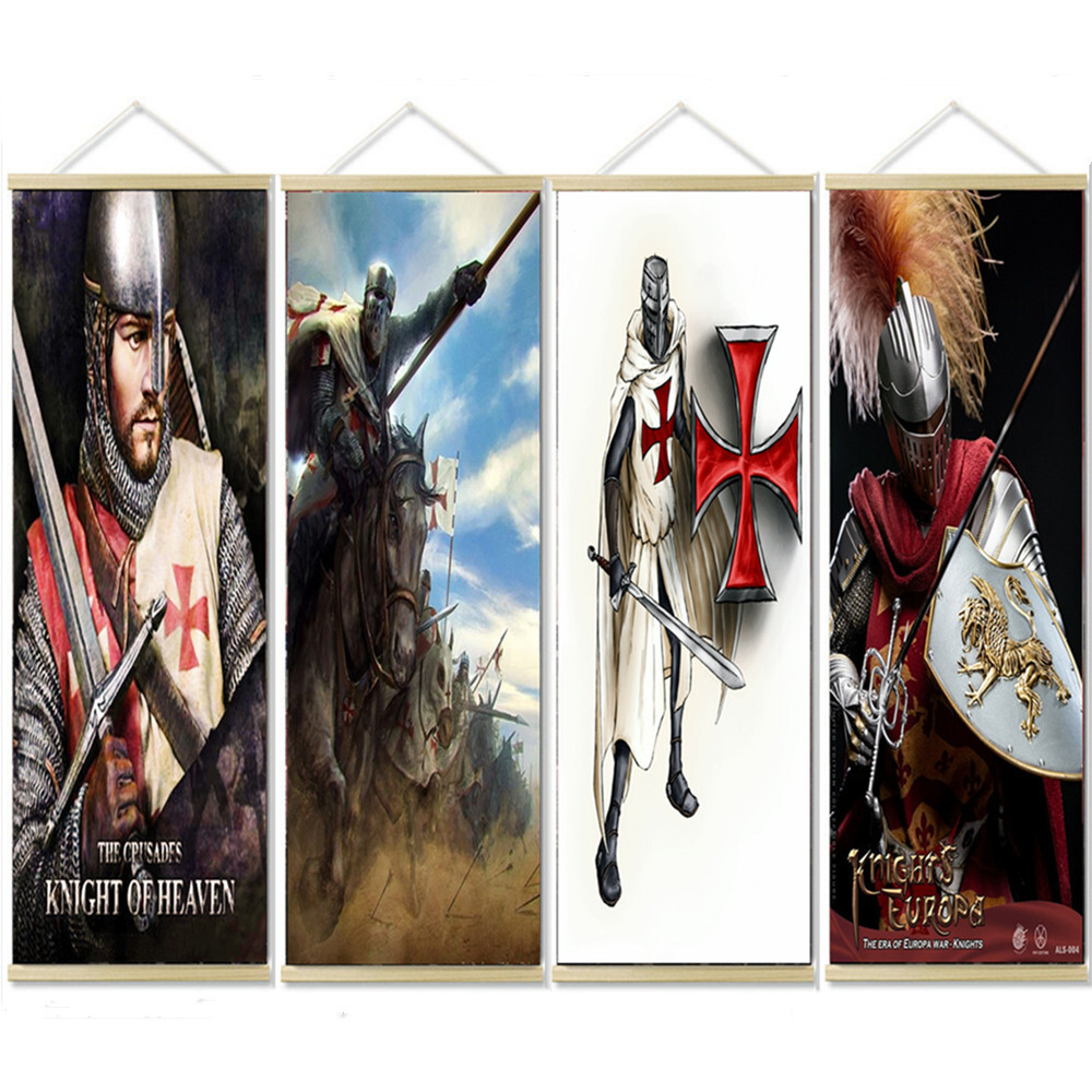 4 PCS Knights Templar Art Posters & Prints Armor Warrior Canvas Scroll Painting