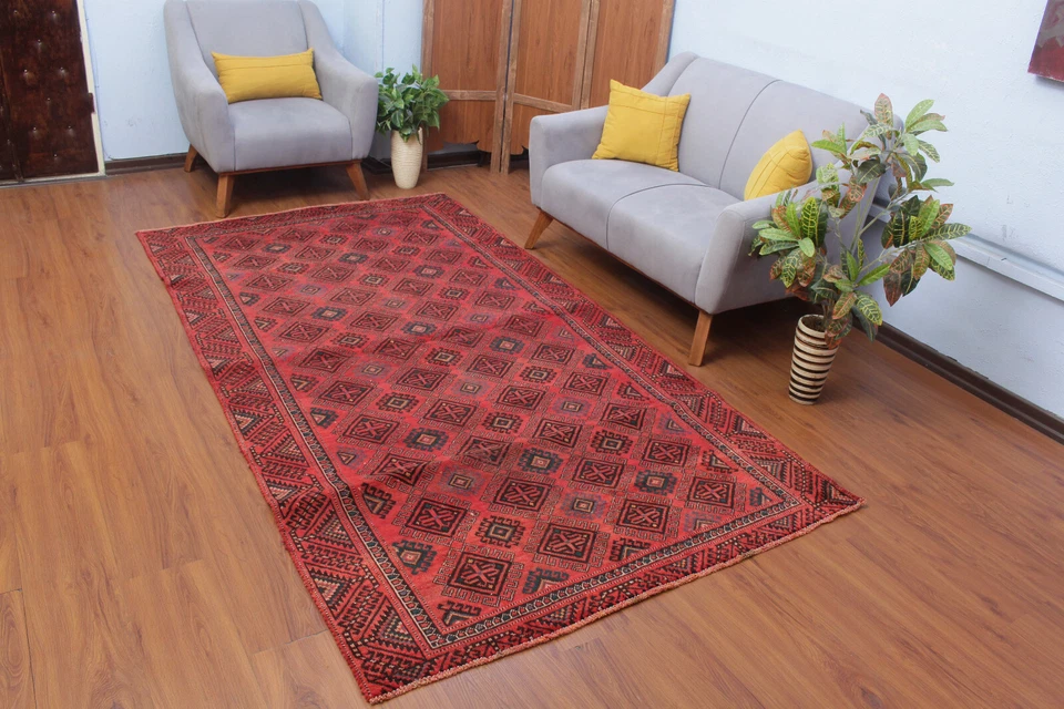 5X9 Vintage Hand Knotted Oriental RED Wool Geometric Traditional Area Rug - Image 3 of 4