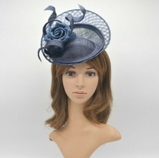 MF926 Navy Blue Kentucky Derby Wedding Church Easter Sinamay  Flower Fascinator