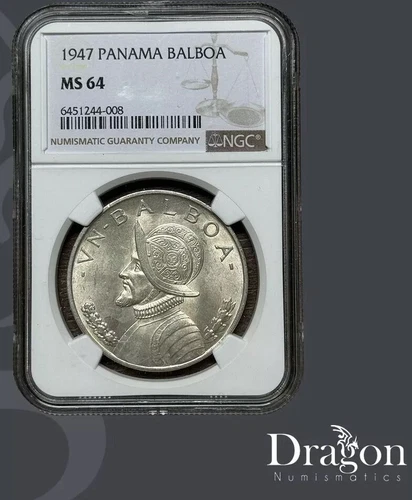 1947 Panama 1 Balboa Silver bust of Vasco Nunez de Balboa MS 64 NGC