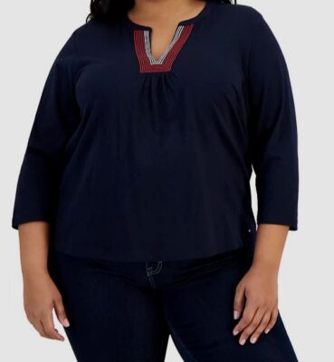 Tommy Hilfiger Women's Navy Blue Cotton Split Neck 3/4 Sleeve Top