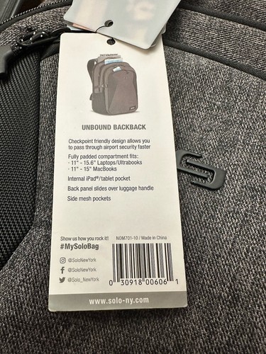 Solo New York Nomad Unbound Travel Backpack, Model Nor701-10 Black & Gray NWT - Picture 19 of 19