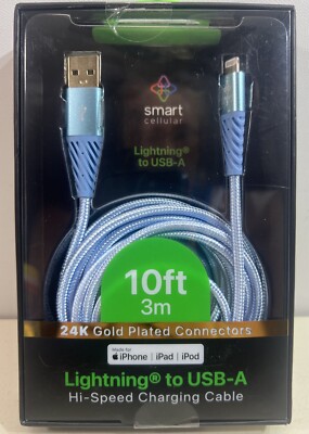 Smart Cellular 10ft Braided Cable High-Speed to USB-A iPhone/iPad/iPod BLUE
