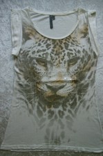 Shirt BERSHKA Gr S großer Leopard  Pailetten-Glitzer auf elfenbein/weiß Top Zust