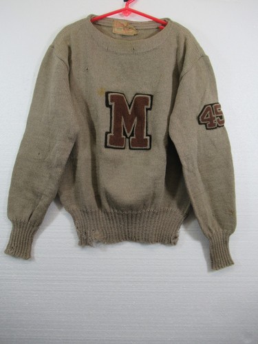Vintage 40s Lamb Knit Wool Letter Sweater Women Brown Letterman