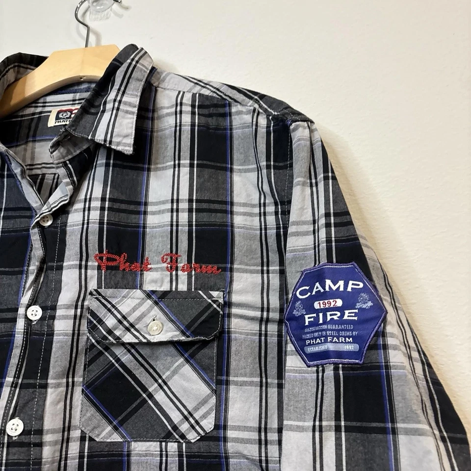 Camisa Phat Farm Para Hombres XL Manga Larga A Cuadros Abotonada Gris Negro Rojo Poliéster A41 Foto 2 de 4
