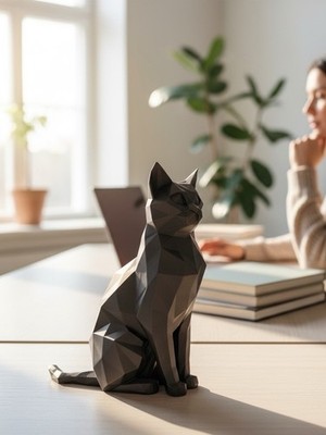 Geometric Black Cat Figurine, Matte Resin Modern Animal Decor Sculpture
