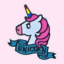 PINK WHITE UNICORN SIGN IRON ON PATCH 3.25 x 3.25"