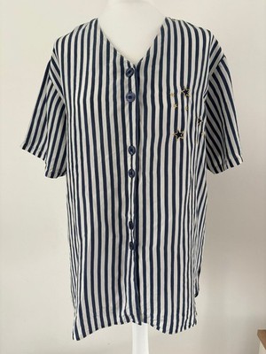 True Vintage 80er 100% Seide blau weiß gestreift Bluse Hemd Gold Sterne Stickerei