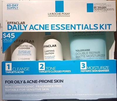 LA ROCHE-POSAY EFFACLAR DAILY ACNE ESSENTIALS 3 STEP KIT CLEANSER MOISTURIZER!!;