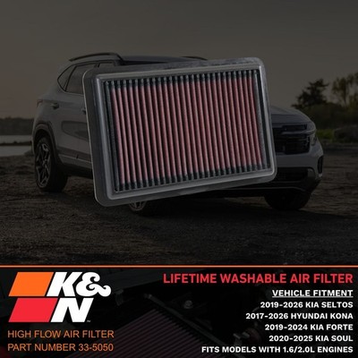 K&N Lifetime Washable Air Filter for Kia Seltos/Soul/Forte & Hyundai Kona