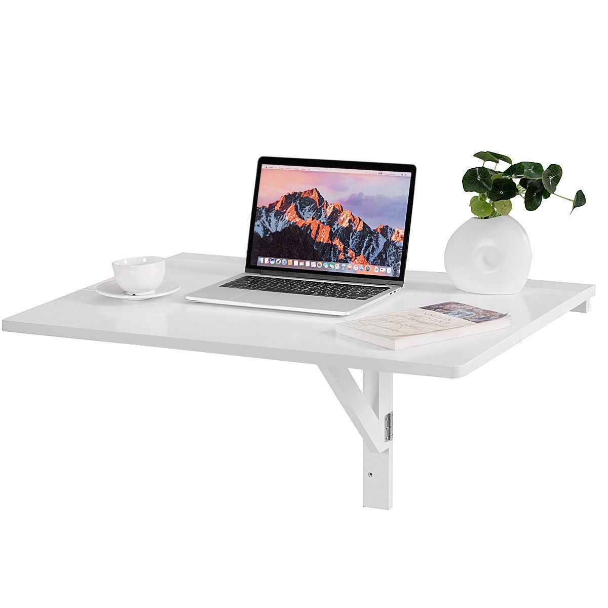 Wall-mounted drop-leaf folding table for kitchen dining or desk space-saving in white