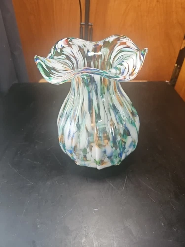Vintage Murano Confetti Speckled Ruffled Edge 8" Bud Vase Hand Blown Art Glass