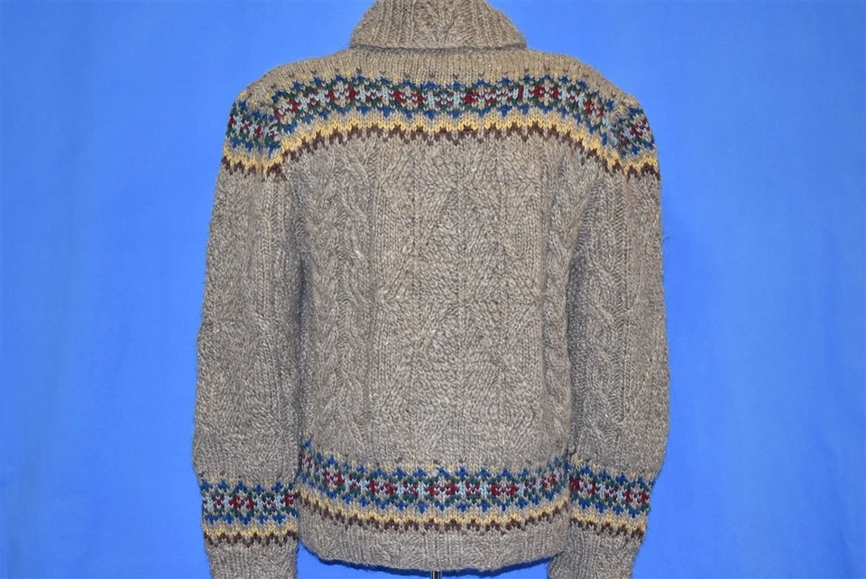 vintage 80s RALPH LAUREN CABLE KNIT SHAWL NECK WOOL GRAY WARM SWEATER MEDIUM M - Image 3 of 4