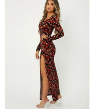 Womens Black Red Roses Floral Dress Long Maxi Slit Casual Hawaiian Flower, M/6