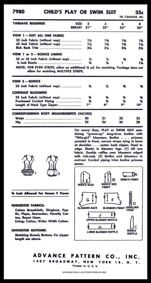 ADVANCE 7980 Girl's Swimsuit Beach Romper PLAYSUIT Sunsuit Sewing Pattern 6 OR 8 - Image 2 of 4