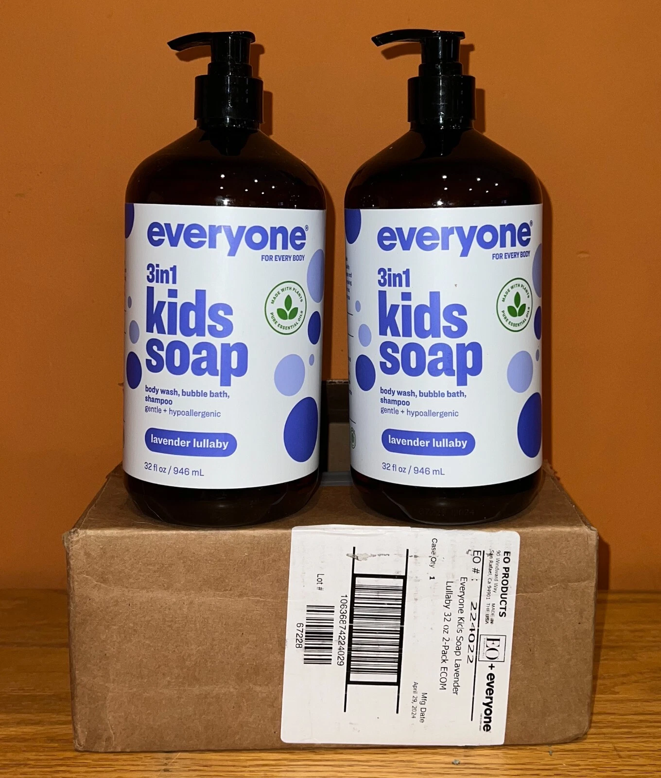 2-pk 32oz EO Everyone 3-in-1 Soap, Lavender Lullaby, Body Wash Shampoo Bubble Ba
