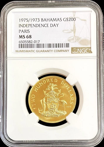 1975 GOLD PARIS MINT BAHAMAS $200 INDEPENDENCE NGC MS 68 UNLISTED MINTAGE RARE