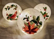 Poinsettia Holly  Cardinal Ball Large Light Up 6” Glass Christmas Tabletop Decor