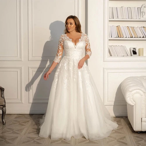 Bridal wedding dress with lace decals, V-neck long sleeved A-line wedding dress - Picture 2 of 6