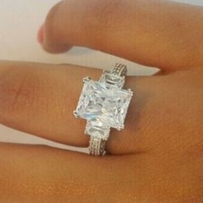 Three Stone 3.50Ct White Radiant Cut Simulated Diamond Wedding 925 Silver Ring