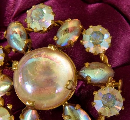 Wunderschön hübsche Vintage französische rosa facettierte & Cabochon Steinbrosche, Pin - Bild 6 von 12