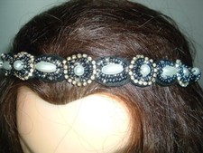 Prom White Pearl Black White Rhinestone Stretch Headband New w Tag AWESOME