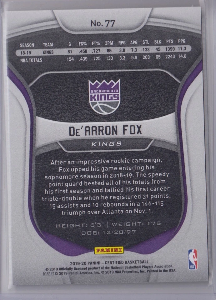De'Aaron Fox 2019-20 Panini Certified Green Parallel SSP /5 #77 - SAC Kings RARE - Image 2 of 2