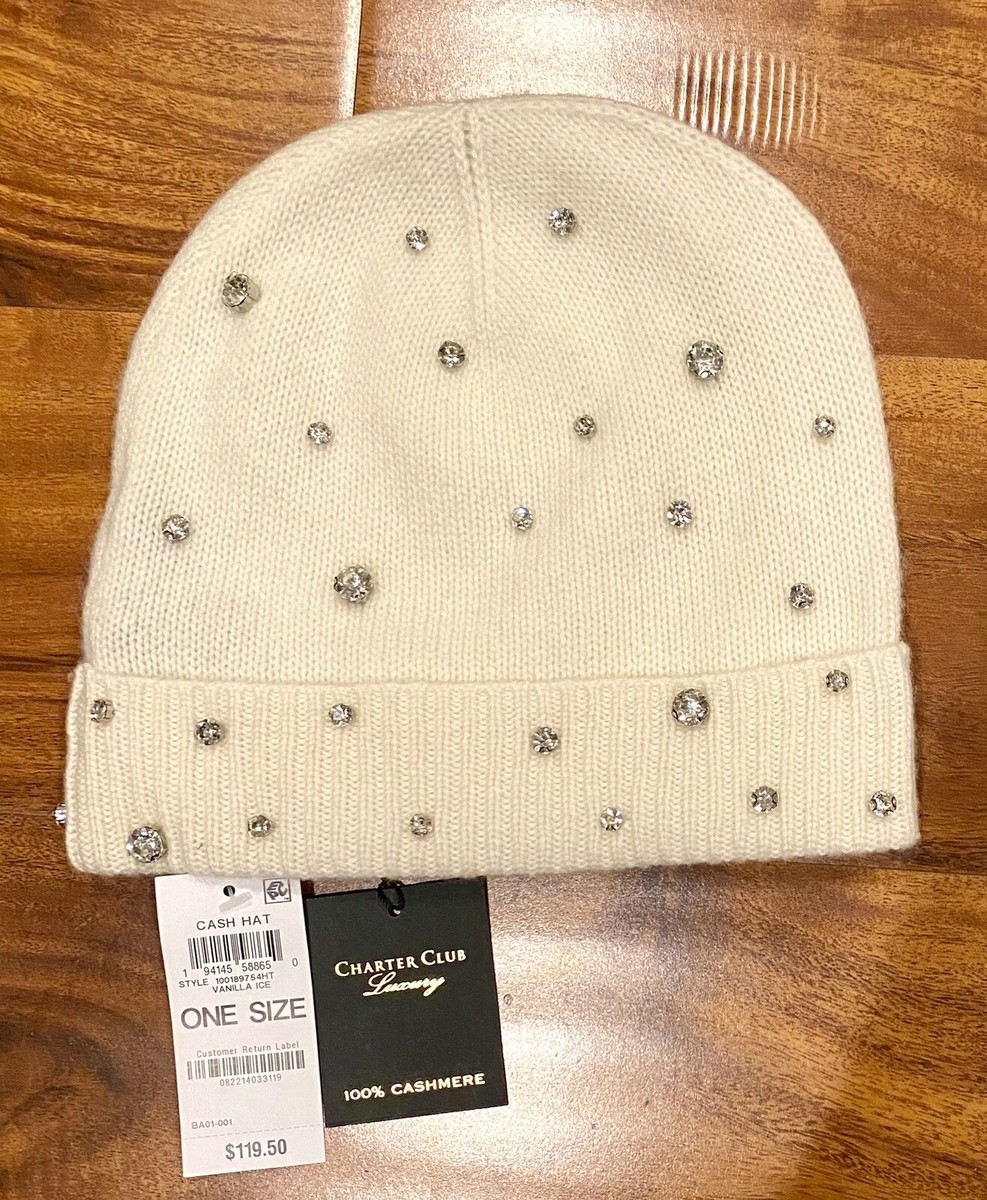 NWT Charter Club Women\'s Cashmere Crystal Embellished Vanilla Hat OS CHARTER CLUB CASHMERE BEANIE CRYSTAL EMBELLISHED CUFFED  main image 4