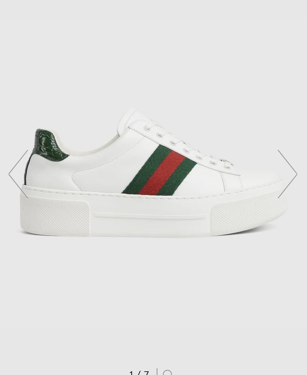 Gucci Ace PLATFORM Leather Sneaker White Green Red Stripe $990