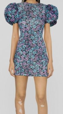 $335 ROTATE BIRGER CHRISTENSEN Women's Blue Slinky Printed Short Dress Size 34