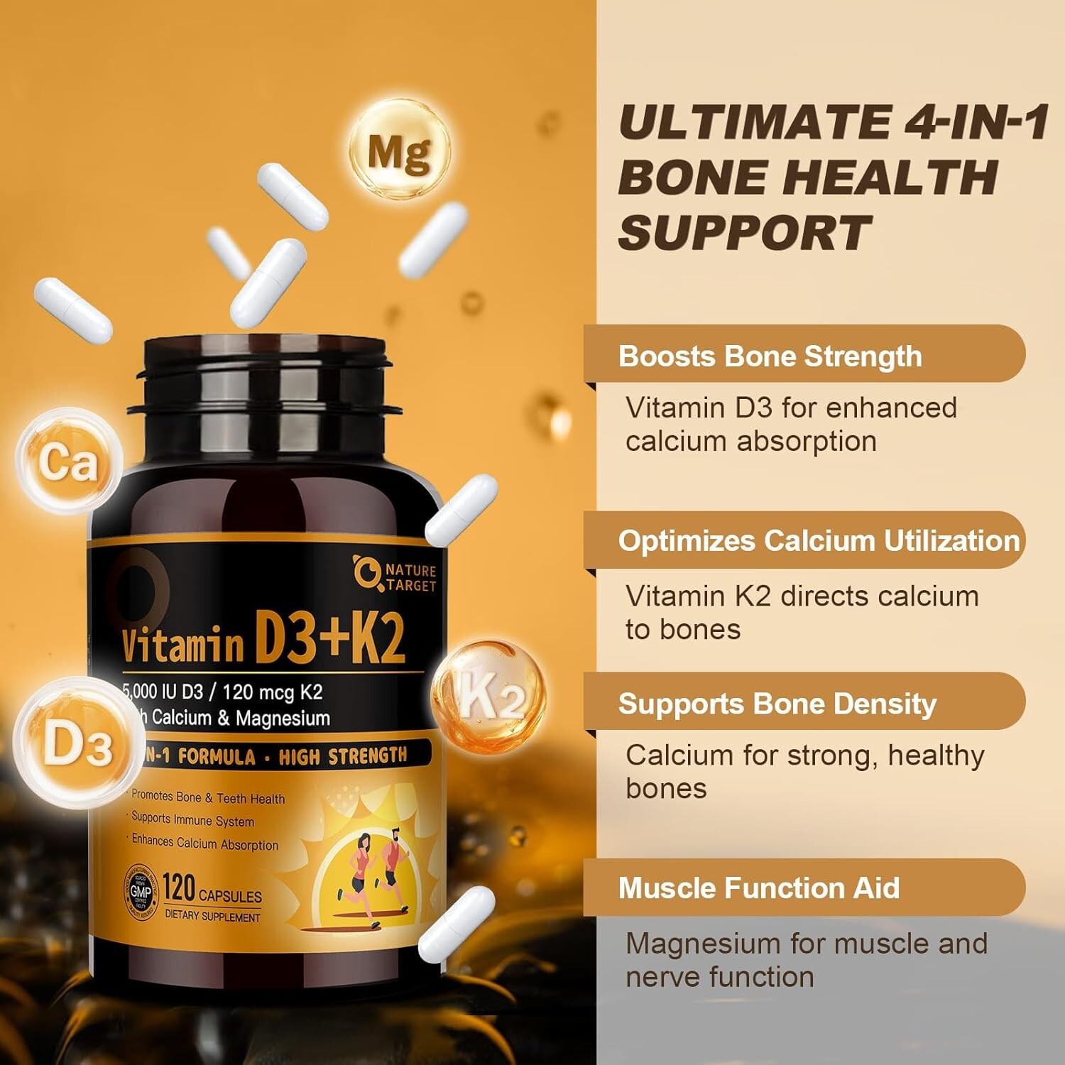 TARGET Vitamin D3 K2 with Calcium & Magnesium - Max Strength 4 in 1 Formula for