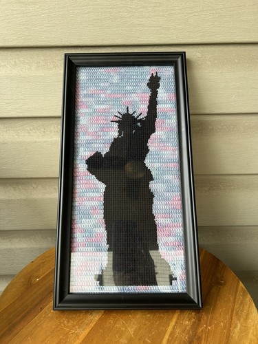 Vintage Statue Of Liberty Blue Pink Sky Patriotic Tall Framed Needlepoint 16.5"