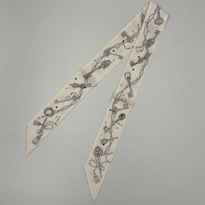 Hermes Les Cles A Pois Twilly Scarf White Grey Key Motif Silk Ribbon