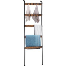 5 Tier Metal Blanket Ladder Holder Wall Leaning Ladder Rack Shelf with 10 Hooks