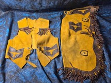 Vintage Mid Century Child's Suede Cowboy Outfit Vest Chaps and Gun Belt