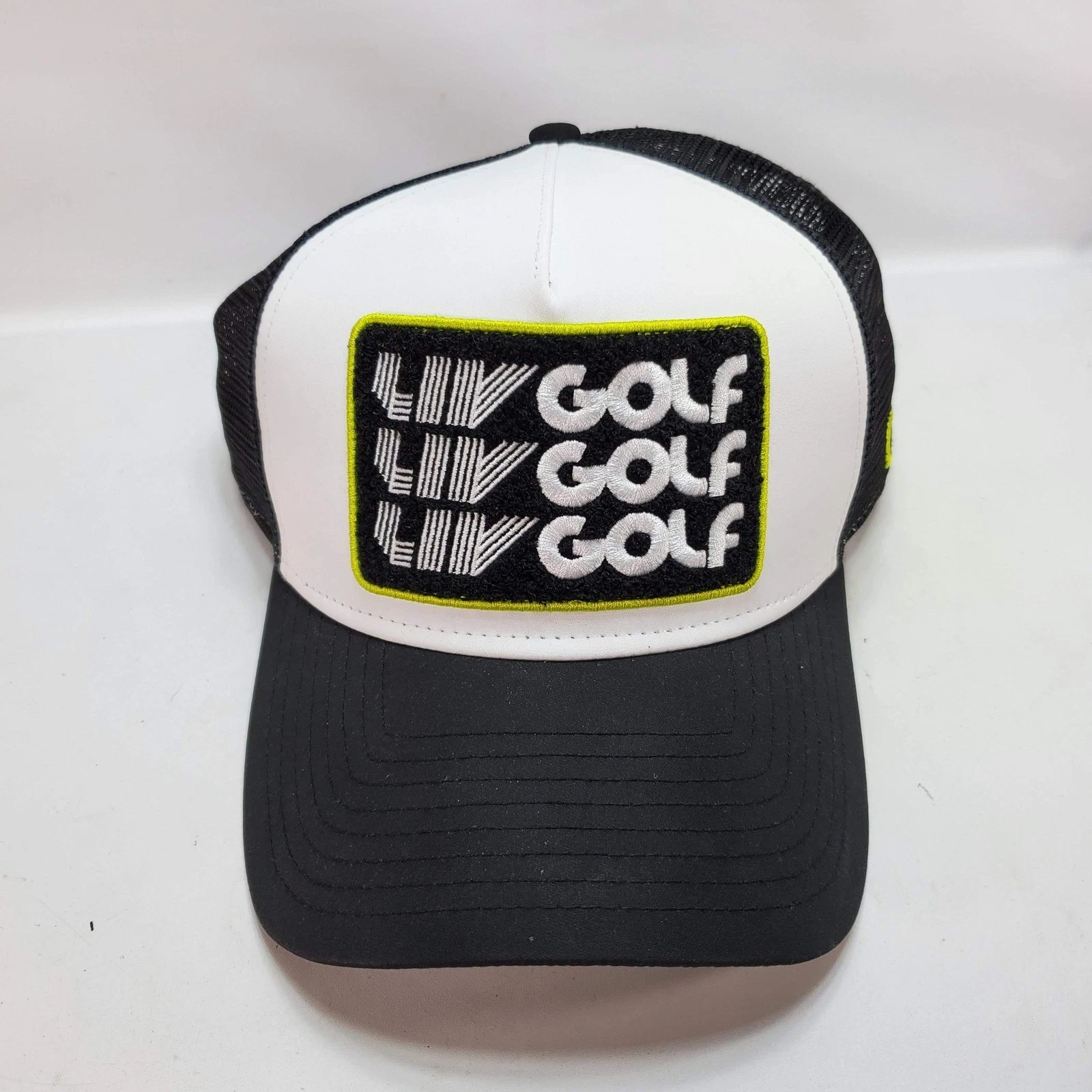 New Era LIV Golf Hat Mens OS Black White 9FORTY Trucker Mesh Snapback Cap