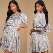 Lulus Pleasing to the Eye Skater Mini Dress Women's Sz XS Blue Cottage Coquette 