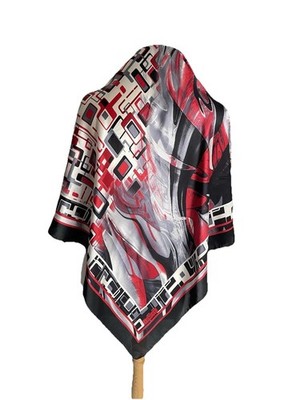AS3# ARMINE Pure Silk Scarf Geometric Abstract Red Black Grey Square Wrap Turkey
