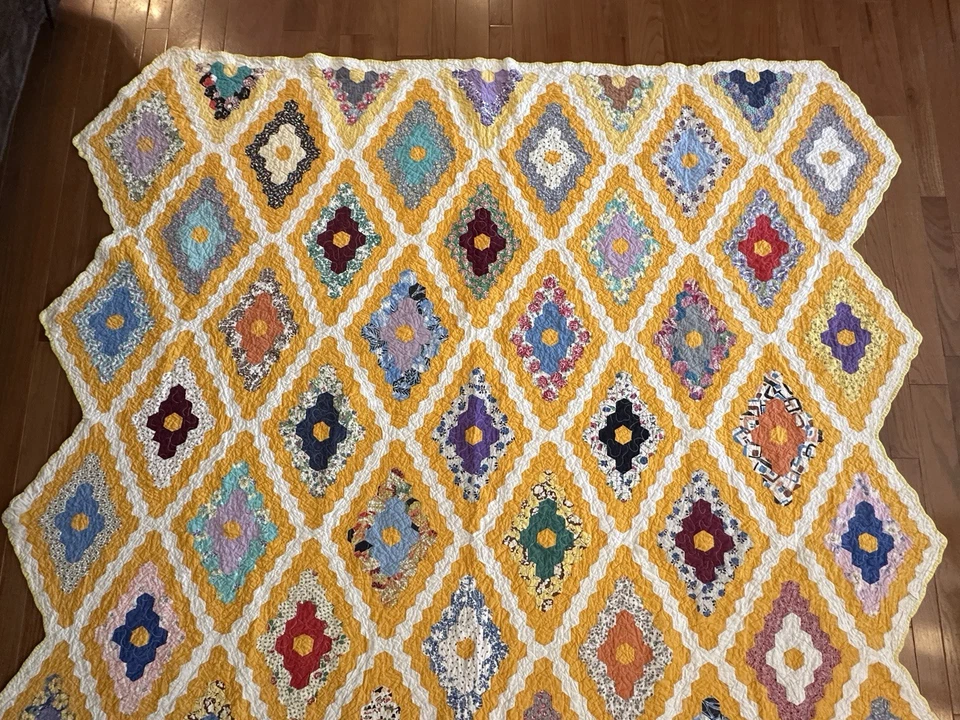 Edredón cosido a mano diamante retazos vintage abuelas flores jardín 75x85" Foto 2 de 4