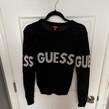 GUESS Women  s Black Open-Knit Pullover Sweater White Logo Crew Neck Size S