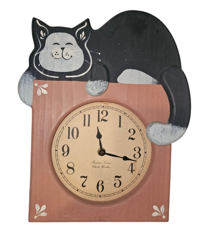Handmade Country Cat Wood Wall Clock12" x 8" x 2" VintageGUC