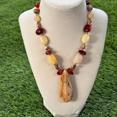 VTG Boho Chic Gemstone Necklace Earth Tone Beaded Statement Jewelry Fashion