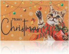 Christmas Cat Welcome Door Mat 18 x 30 Inch Coir Doormat Merry Xmas Ball Farmhou
