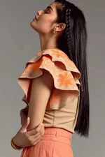 Anthropologie DOLAN One Shoulder Embroidered Ruffle Top Beige Festive XXS 00 NWT