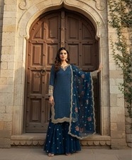 Designer Faux Georgette Teal Blue Top Palazzo With Dupatta For Reception Wear