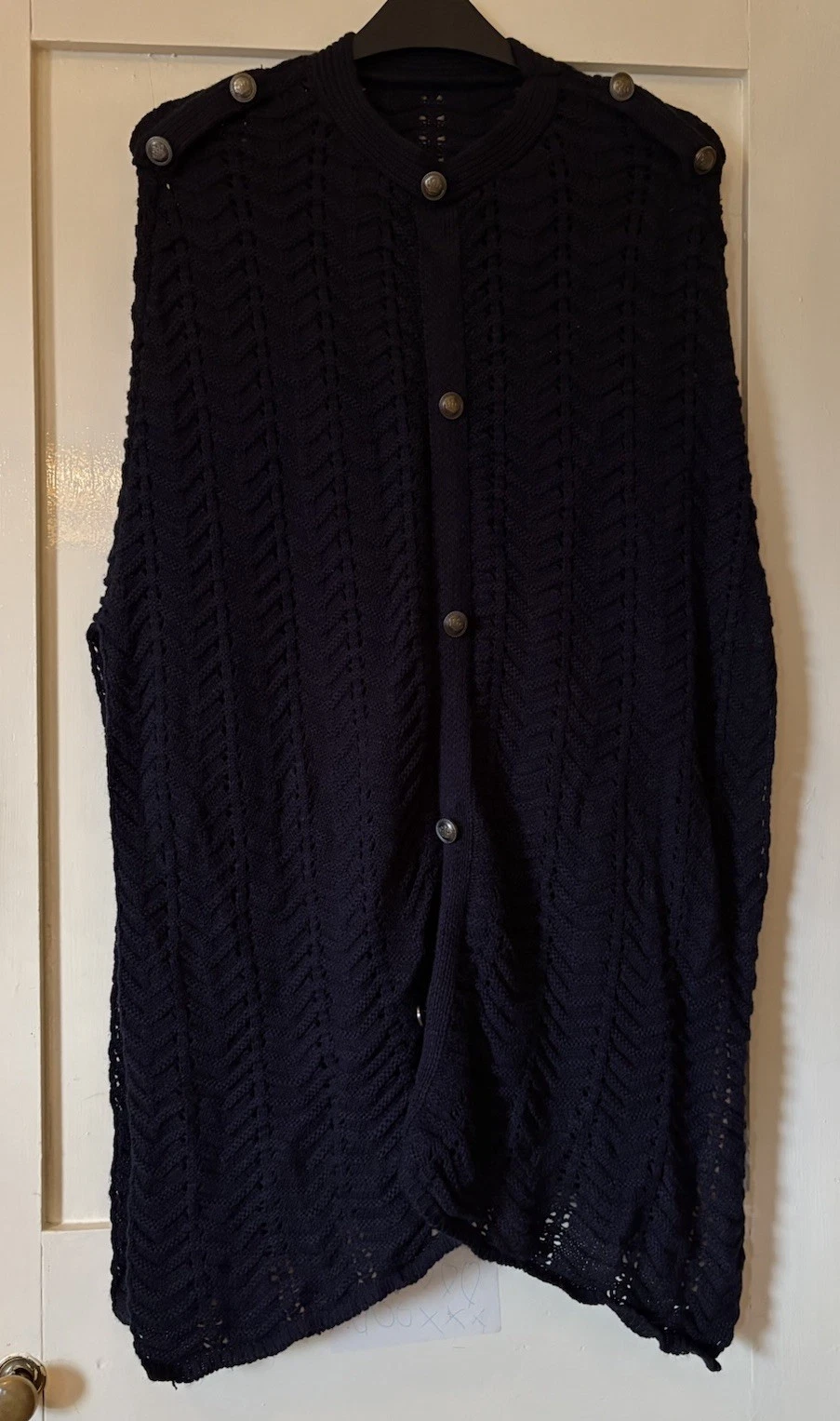 Hand Knitted Navy Blue Zig Zag Knit Crown Button Poncho Cape One Size (56" max)
